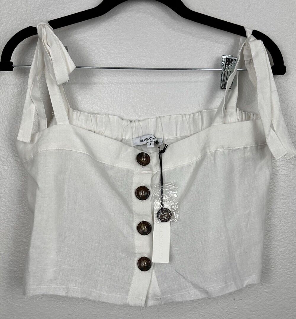 Olivaceous Women’s Ivory Button Front Raw Hem Sleeveless Tie Crop Top Large NWT